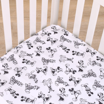 Disney Mickey Mouse - Charcoal, Black and White Mickey and Friends, Minnie Mouse, Donald Duck and Pluto Nursery Fitted Crib Sheet