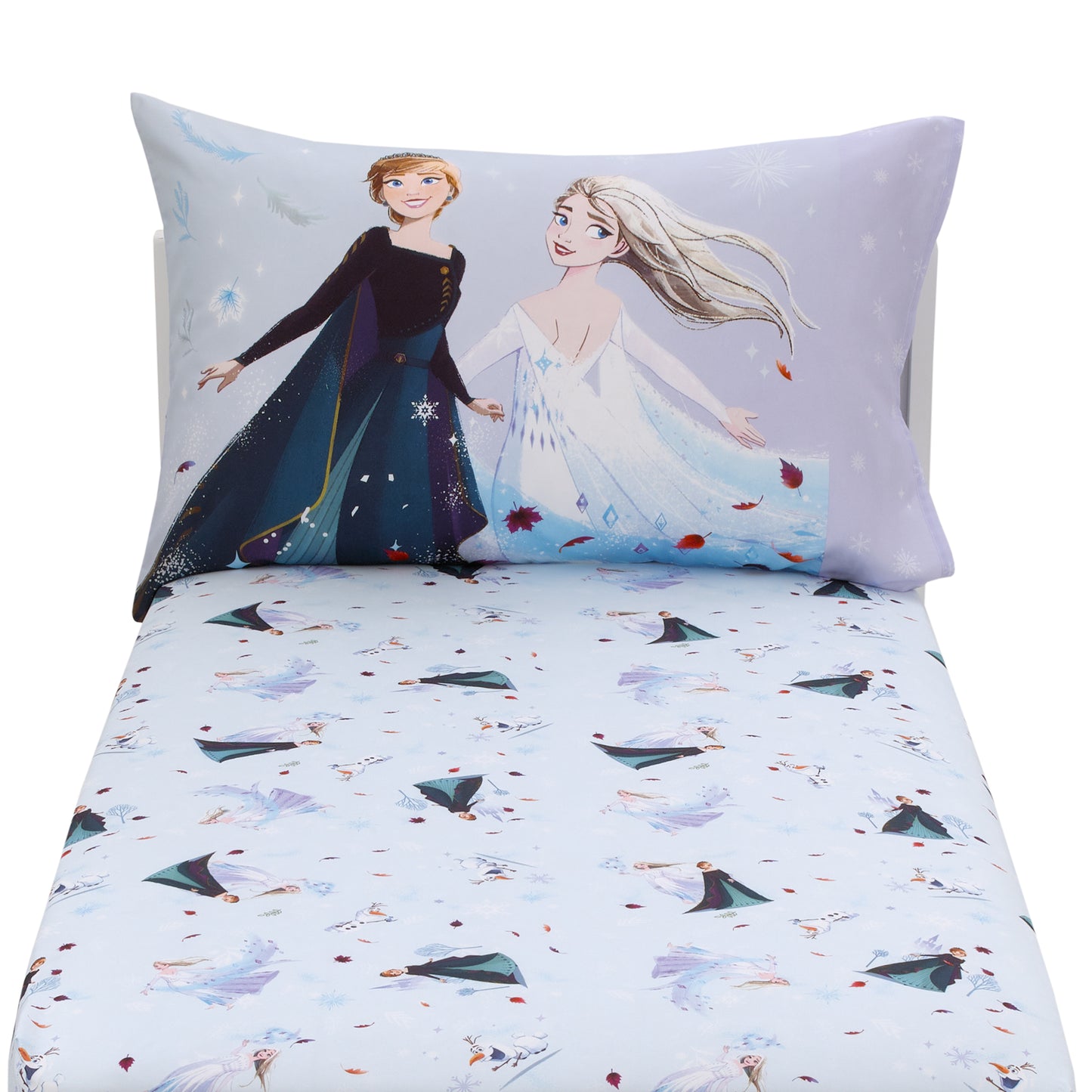 Disney Frozen Winter Cheer Lavender, Aqua and White Anna, Elsa and Olaf 2 Piece Toddler Sheet Set - Fitted Bottom Sheet and Reversible Pillowcase
