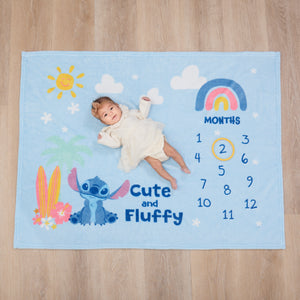 NoJo Disney Stitch Cute and Fluffy Milestone Baby Blanket, Blue and Pink