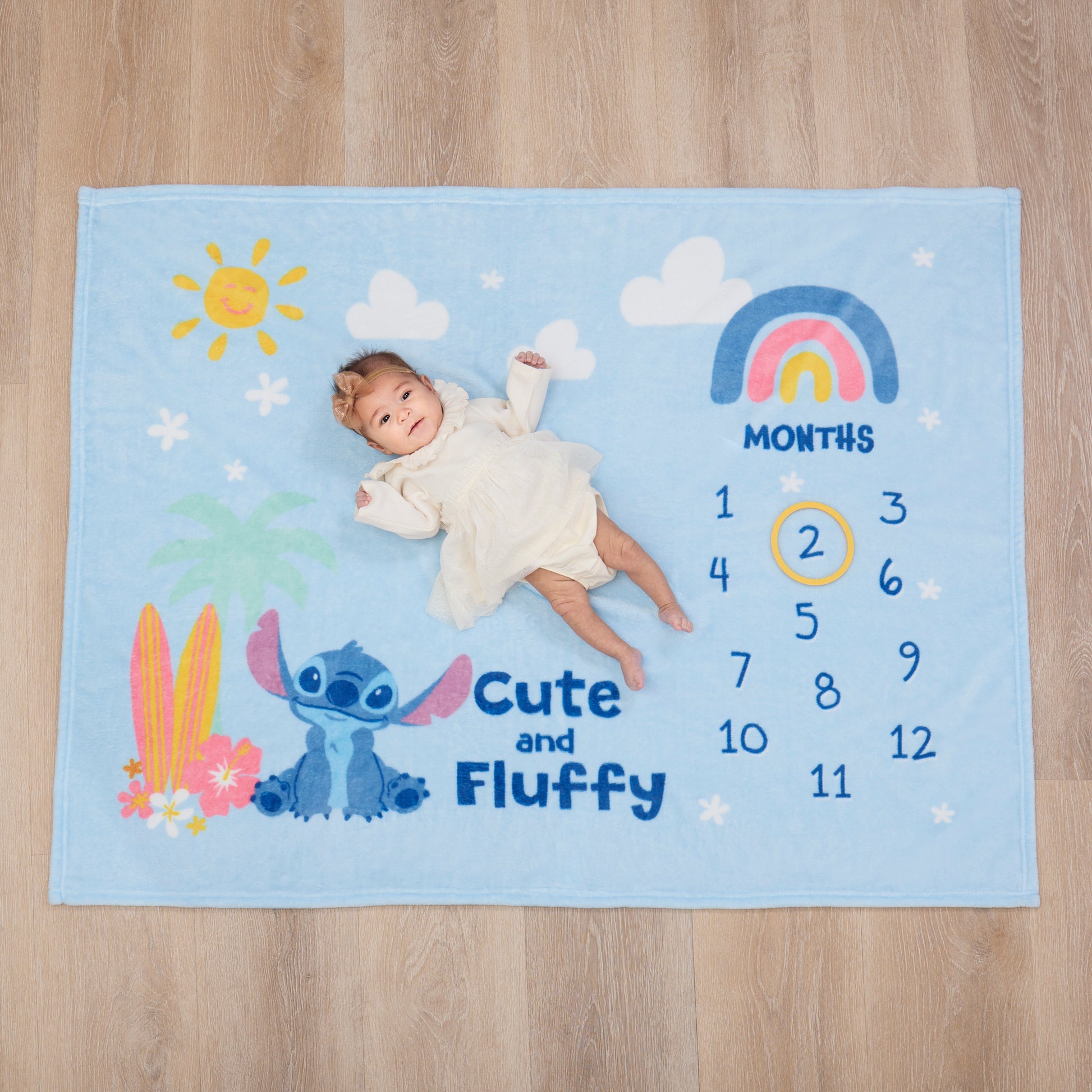 NoJo Disney Stitch Cute and Fluffy Milestone Baby Blanket, Blue and Pink
