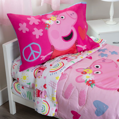 NoJo Peppa Pig 4 Piece Toddler Bed Set - Includes Comforter, Fitted Bottom Sheet, Flat Top Sheet, Reversible Pillowcase