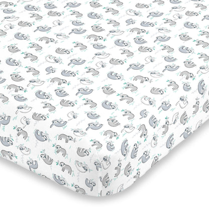 NoJo Super Soft Grey, White and Aqua Sloth Fitted Crib Sheet