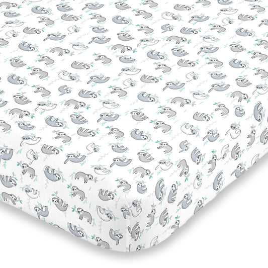 NoJo Super Soft Grey, White and Aqua Sloth Fitted Crib Sheet