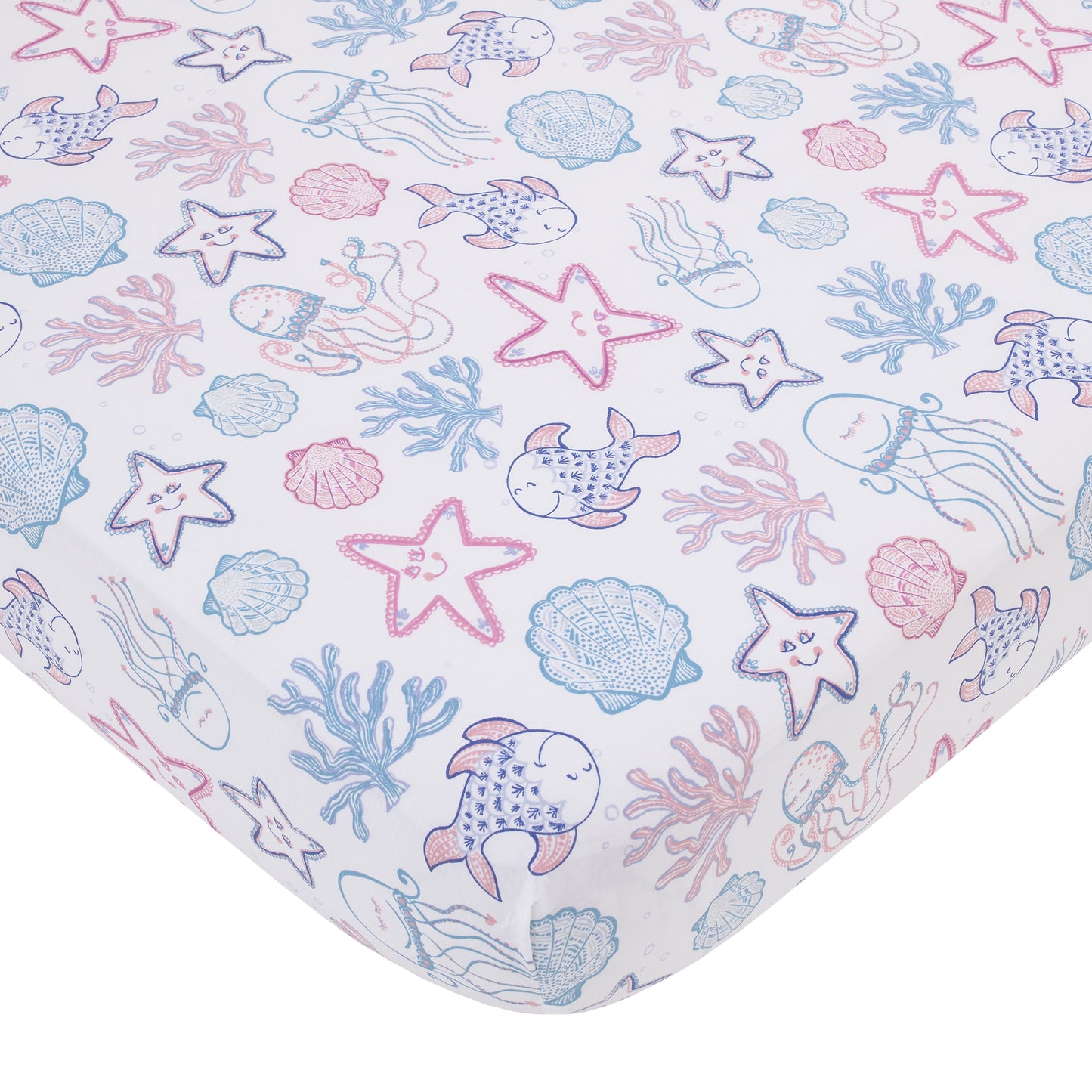 NoJo Mermaid Lagoon Pink, Blue and White Undersea Friends, Fish, Coral, Jellyfish and Starfish 4 Piece Nursery Crib Bedding Set - Comforter, 100% Cotton Fitted Crib Sheet, Crib Skirt, and Storage Caddy