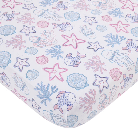 NoJo Mermaid Lagoon Pink, Blue and White Undersea Friends, Fish, Coral, Jellyfish and Starfish 4 Piece Nursery Crib Bedding Set - Comforter, 100% Cotton Fitted Crib Sheet, Crib Skirt, and Storage Caddy