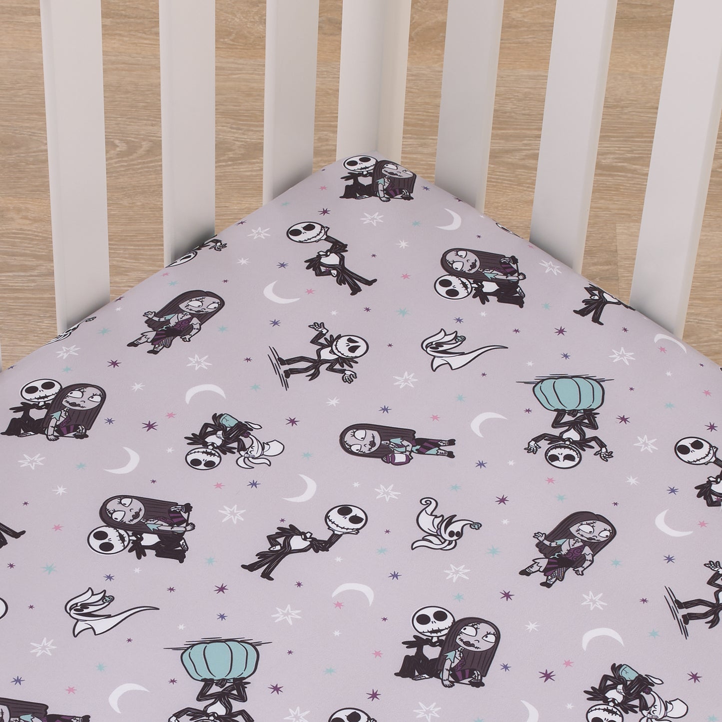 Disney Nightmare Before Christmas Gray, Black, White, and Blue, Jack Skellington Super Soft Nursery Fitted Mini Crib Sheet