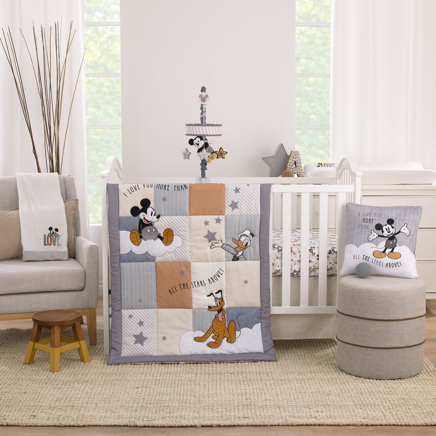 Disney Mickey Mouse Love Mickey Gray, Navy, and Tan Donald Duck and Pluto, Clouds and Stars 3 Piece Nursery Crib Bedding Set - Comforter, Fitted Crib Sheet, and Crib Skirt