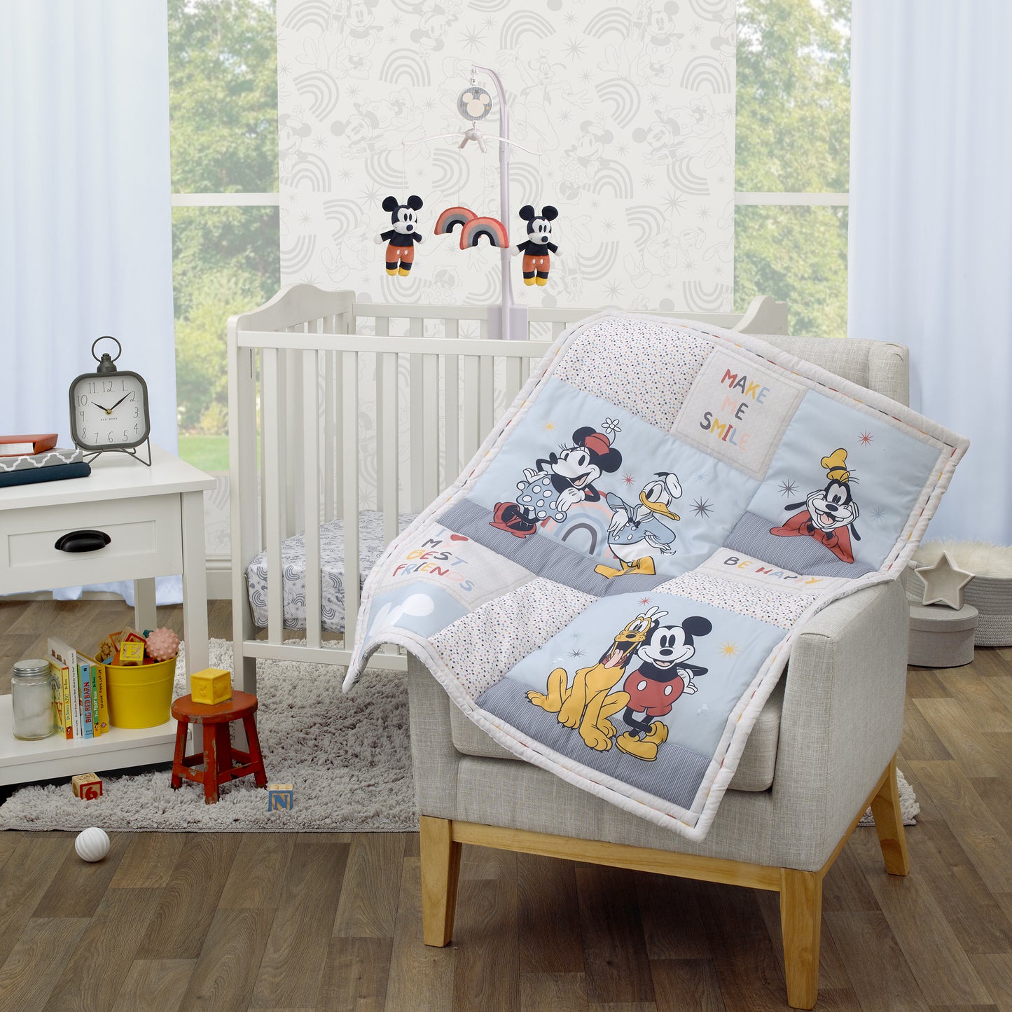 Disney Mickey and Friends Blue, Oatmeal, and Red Mickey Mouse, Minnie Mouse, Donald Duck, Pluto and Goofy 3 Piece Nursery Mini Crib Bedding Set - Comforter and Two Fitted Mini Crib Sheets