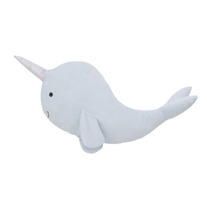 Light Blue Whimsical Narwhal Shaped Decorative Pillow with 3D Silver Metallic Horn