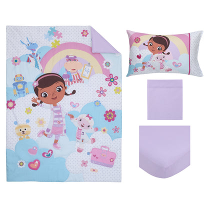 Disney Doc McStuffins - Cuddle Team Purple, White, and Blue 4 Piece Toddler Bed Set - Comforter, Fitted Bottom Sheet, Flat Top Sheet, and Reversible Pillowcase