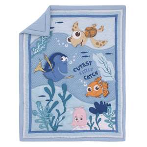 Disney Finding Nemo Cutest Little Catch Light Blue, Orange, and Navy 3 Piece Nursery Crib Bedding Set - Comforter, Fitted Crib Sheet, and Crib Skirt