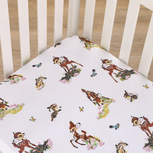 Disney Vintage Bambi - Tan, Green and White, Bambi and Thumper Floral Nursery Fitted Crib Sheet
