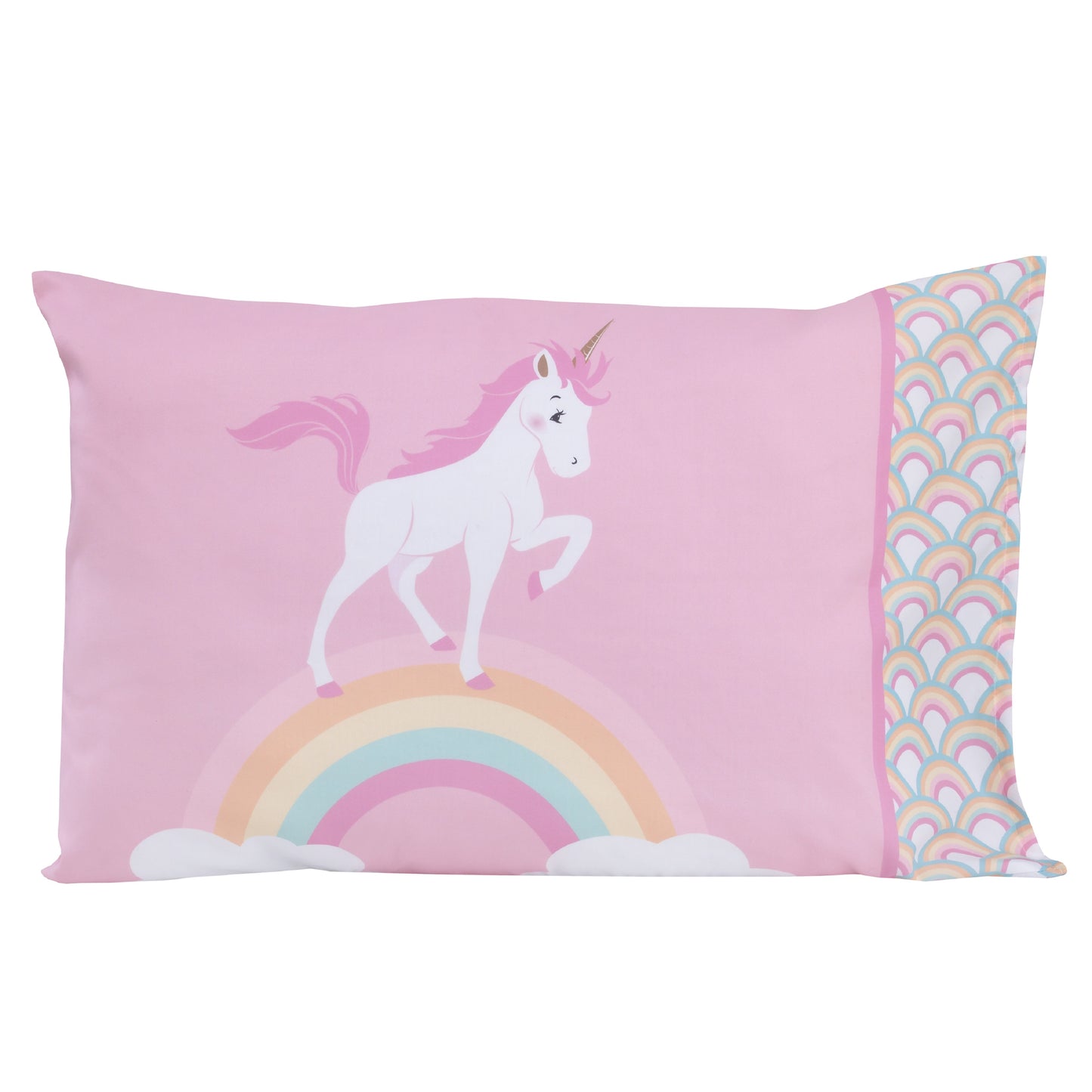 Everything Kids Rainbow Unicorn Pink, White and Rainbows 4 Piece Toddler Bed Set - Comforter, Fitted Bottom Sheet, Flat Top Sheet and Reversible Pillowcase