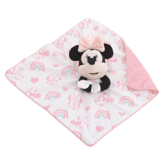 Disney Minnie Mouse White, Pink, and Aqua Rainbow and Heart Lovey Security Blanket