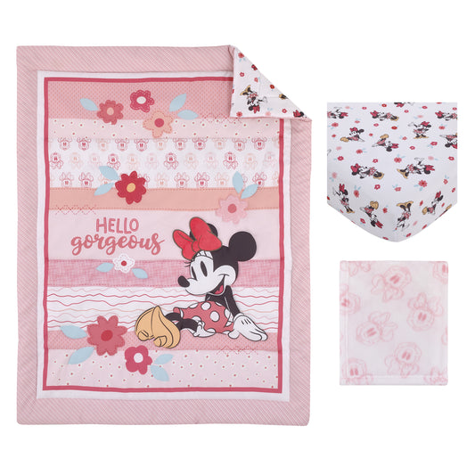 Minnie Mouse Hello Gorgeous 3 Piece Crib Bedding Set, Pink and White