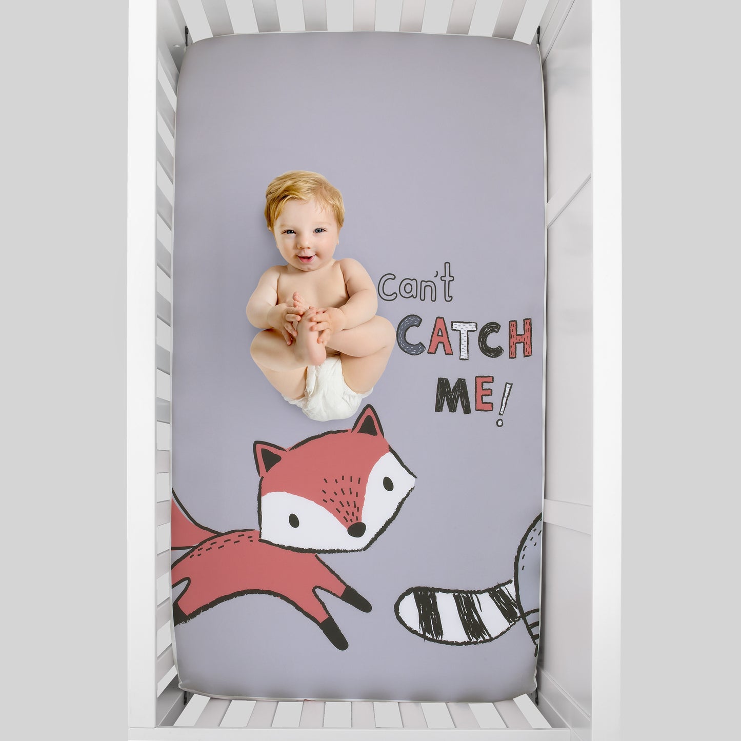 Little Love by NoJo Lil Fox - Grey, Orange, White "Cant Catch Me!" Photo Op Fitted Crib Sheet