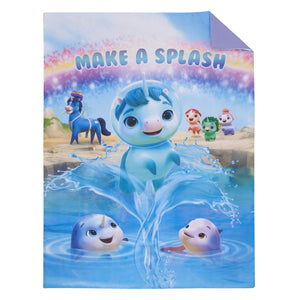 DreamWorks Not Quite Narwhal Make A Splash Blue and Lavender, Unicorn Kelp, and Friends 4 Piece Toddler Bed Set - Comforter, Fitted Bottom Sheet, Flat Top Sheet, and Reversible Pillowcase