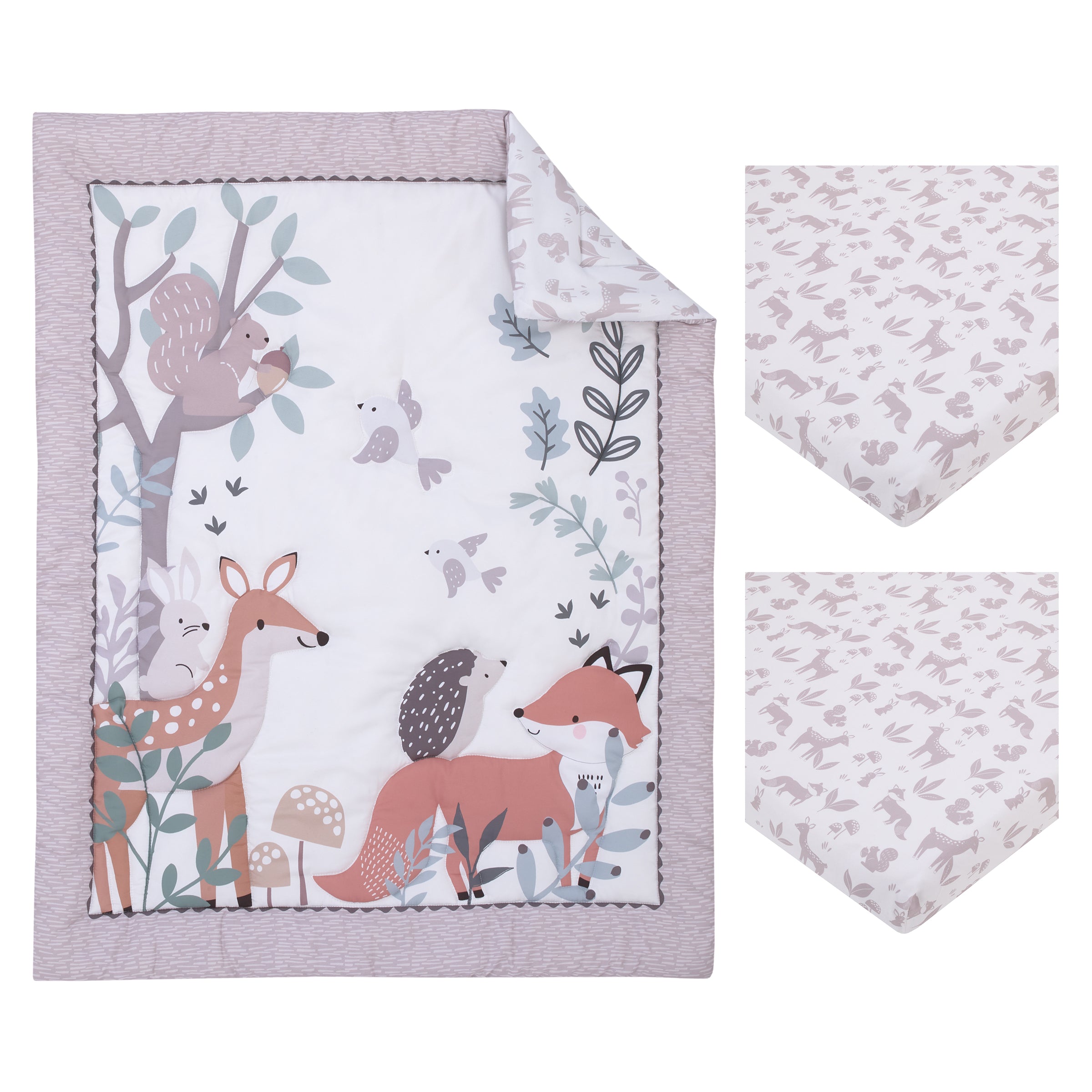 Little Love by NoJo Woodland Meadow Taupe Sage and White Fox Deer and Hedgehog 3 Piece Nursery Mini Crib Bedding Set Mini Comforter and Two Fitted Mini Crib Sheets NoJo Baby