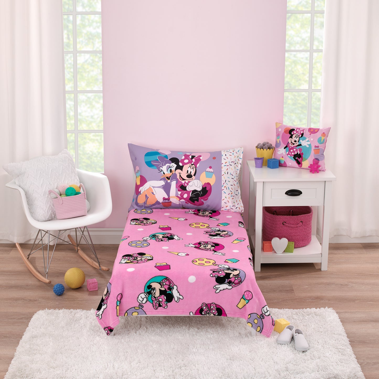 Disney Minnie Mouse Let's Party Pink, Lavender, and Yellow Balloons, Ice-cream Cones, Cupcakes, and Confetti Super Soft Toddler Blanket