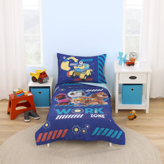 NoJo Disney Pupstruction Work Zone Navy, Orange, Aqua, and Yellow 4 Piece Toddler Bed Set - Comforter, Fitted Bottom Sheet, Flat Top Sheet, and Reversible PilloNoJo