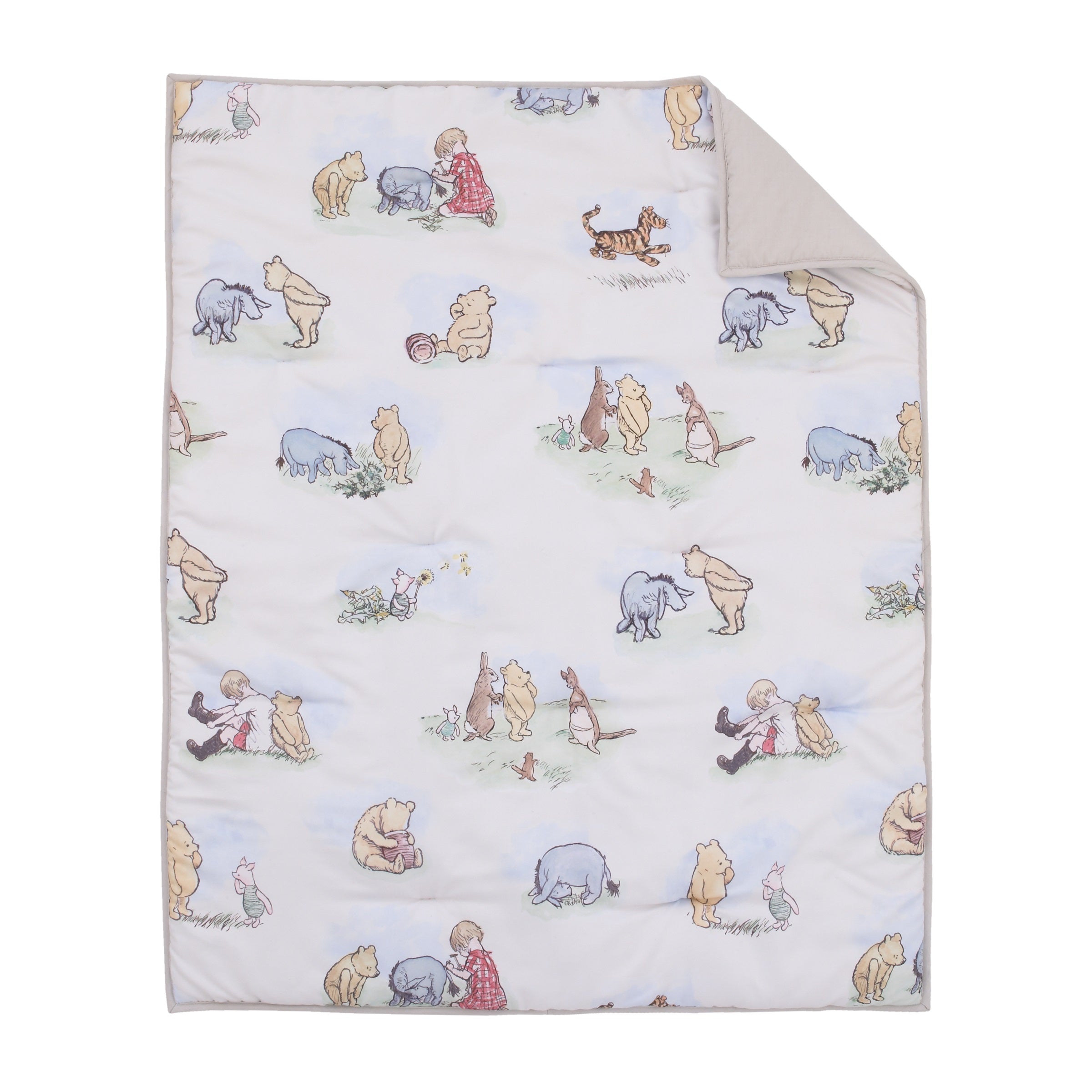 Disney Winnie the Pooh Classic Pooh Ivory Blue Sage Tan Storybook 6 Piece Nursery Crib Bedding Set Comforter 2 Fitted Crib Sheets Dust Ruffle Baby Blanket Changing Pad Cover NoJo Baby