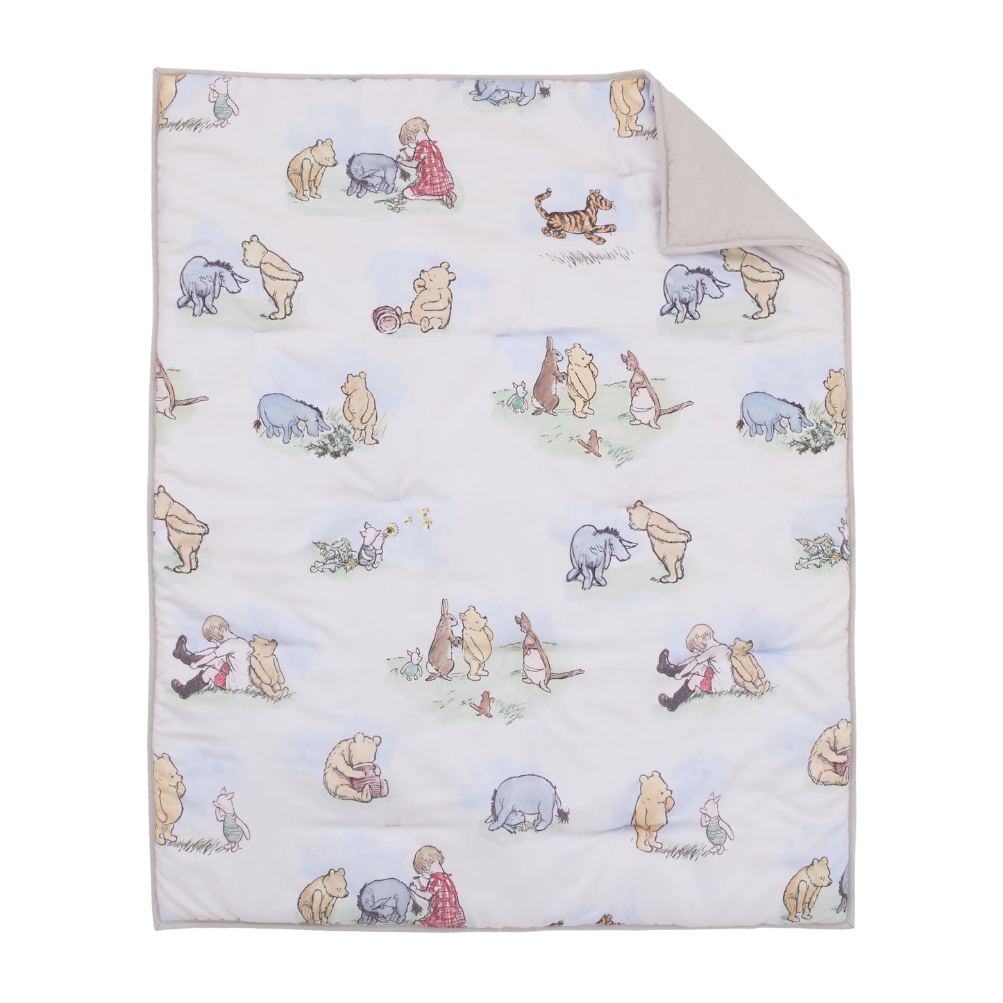 Disney Winnie the Pooh Classic Pooh Ivory, Blue, Sage, Tan Storybook 6 Piece Nursery Crib Bedding Set - Comforter, 2 Fitted Crib Sheets, Dust Ruffle, Baby Blanket, Changing Pad Cover