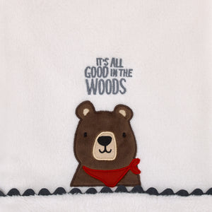 NoJo Into the Wilderness White, Navy, and Brown Bear 'It's All Good in the Woods' Super Soft Applique Baby Blanket with Trim