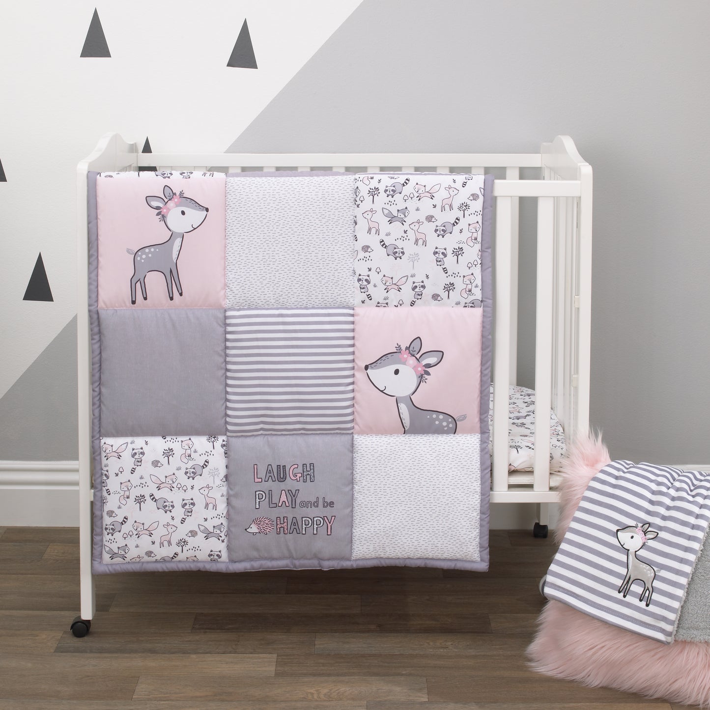 Little Love by NoJo Sweet Deer - Grey, Pink, White 3 Piece Nursery Mini Crib Bedding Set with Comforter, 2 Fitted Mini Crib Sheets