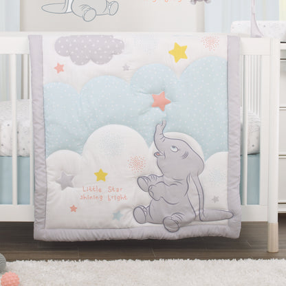 Disney Dumbo Shine Bright Lil Star Light Blue, Gray, and White Stars and Clouds 4 Piece Nursery Crib Bedding Set - Comforter, Fitted Crib Sheet, Changing Pad Cover, and Crib Skirt