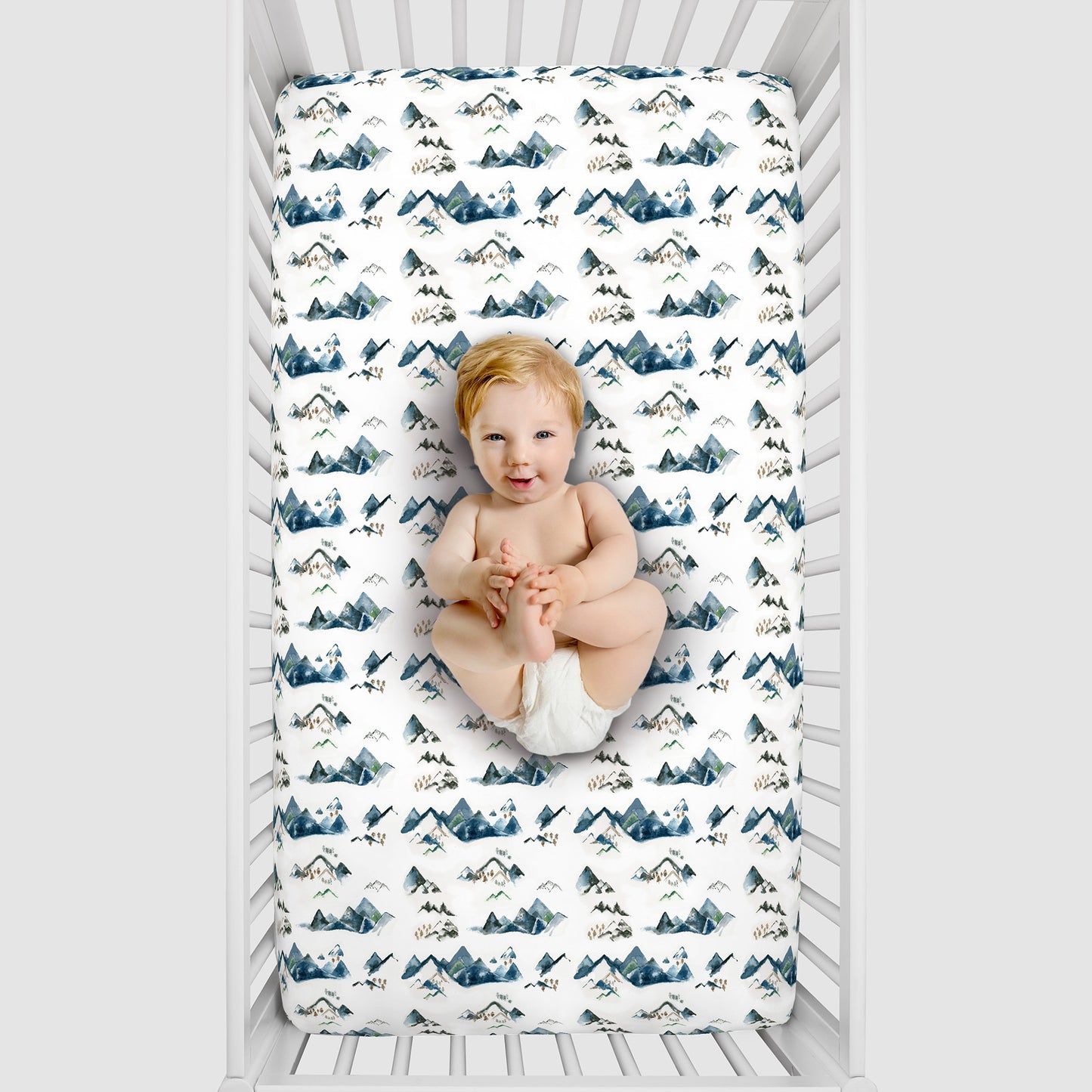 NoJo Super Soft Blue, Green, Tan and White Mountain Watercolor Fitted Crib Sheet