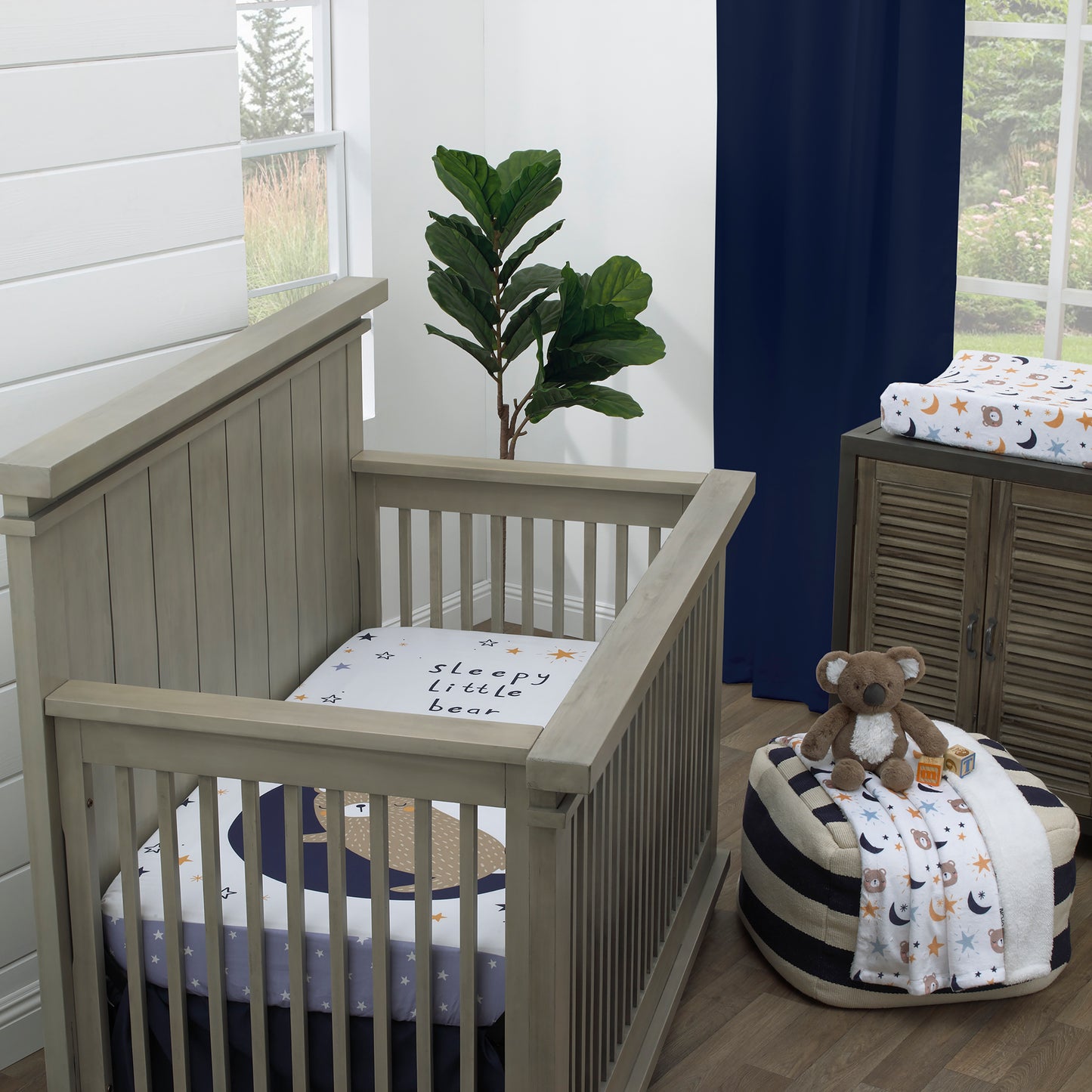 NoJo Goodnight Sleep Tight White and Blue Bear, Moon, and Star 100% Cotton Photo Op Fitted Crib Sheet