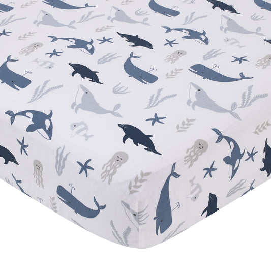 Ever & Ever Marine Navy, Light Blue, Chambray, and White Ocean Friends 100% Cotton Nursery Fitted Crib Sheet