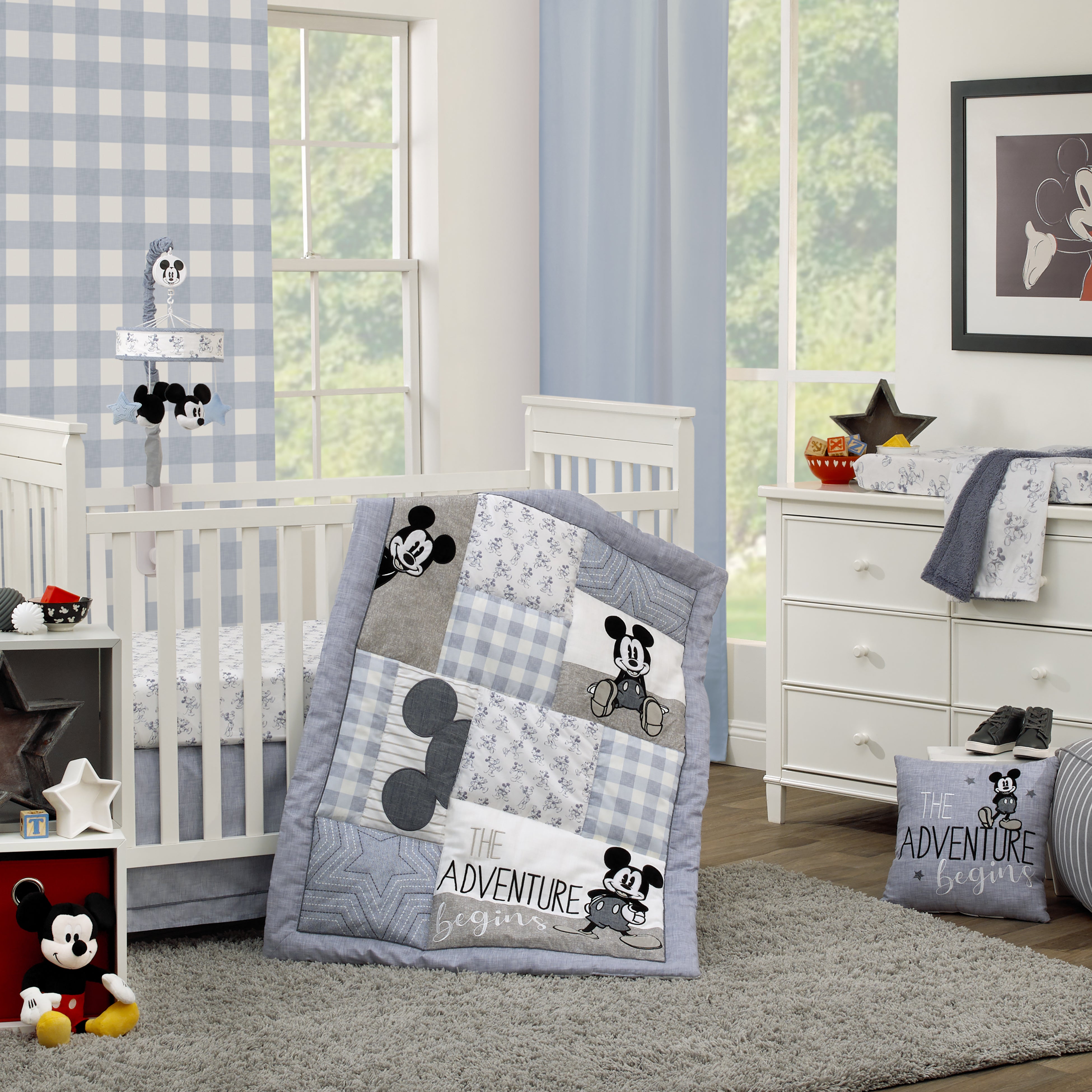 Disney Mickey Mouse Call Me Mickey Blue White and Gray The Adventure Begins Stars and Gingham 3 Piece Nursery Crib Bedding Set Comforter 100 Cotton Fitted Crib Sheet and Crib Skirt NoJo Baby