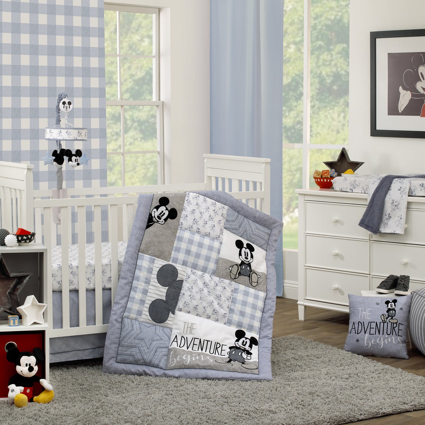 Disney Mickey Mouse - Call Me Mickey Blue, White, and Gray The Adventure Begins Stars and Gingham 3 Piece Nursery Crib Bedding Set - Comforter, 100% Cotton Fitted Crib Sheet, and Crib Skirt