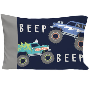 Carter's Monster Truck 4 Piece Toddler Bed Set - Comforter, Fitted Bottom Sheet, Flat Top Sheet, Standard Pillowcase, Navy and Grey