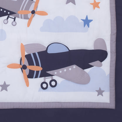 Little Love by NoJo Soar High Little One Navy, Light Blue, Orange, and White Airplanes, Clouds, and Stars 3 Piece Nursery Crib Bedding Set - Comforter, Fitted Crib Sheet and Crib Skirt