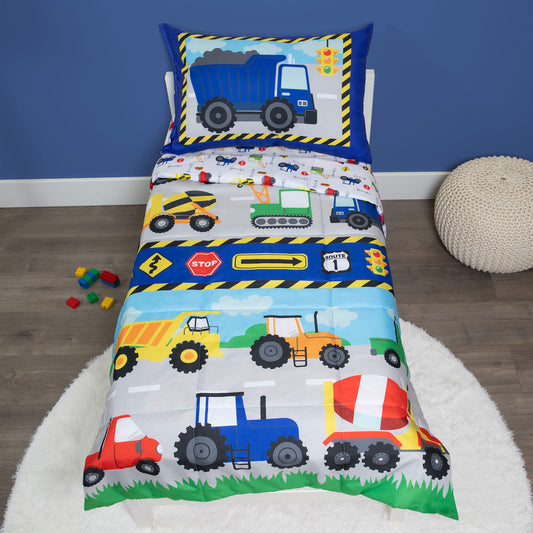 Construction 4 Piece Toddler Bed Set - Includes Comforter, Fitted Bottom Sheet, Flat Top Sheet, and Reversible Pillowcase