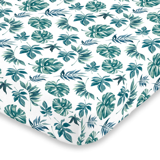 NoJo Super Soft Green and White Palm Leaf Nursery Crib Fitted Sheet