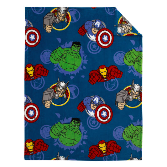 Marvel Avengers Fight the Foes Blue, Red, Green Hulk, Iron Man, Thor, Captain America Super Soft Toddler Blanket