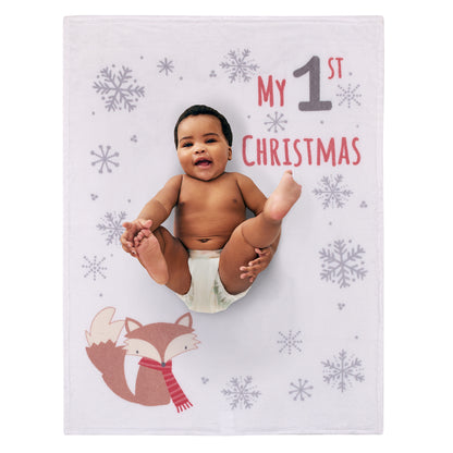 NoJo Fox White, Brown, Red, and Gray "My 1st Christmas" Holiday Photo Op Super Soft Baby Blanket