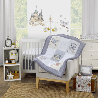 Warner Brothers Harry Potter Magical Moments Grey and White Hogwarts 3 Piece Nursery Crib Bedding Set - Comforter, Fitted Crib Sheet and Crib Skirt