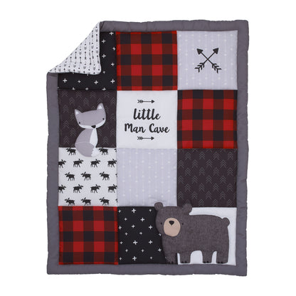 Little Love by NoJo Little Man Cave Grey, Red, Black and Ivory, Bear, Fox, Moose, Buffalo Check and Arrows Rustic 3 Piece Nursery Mini Crib Set - Comforter and Two Fitted Mini Crib Sheets