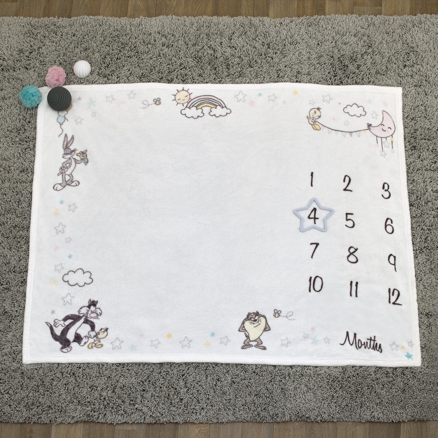 Warner Brothers Looney Tunes Best Buds White with Pastel Blue, Pink, and Yellow Bugs Bunny, Tweety, Tasmanian Devil, and Sylvester the Cat Milestone Blanket