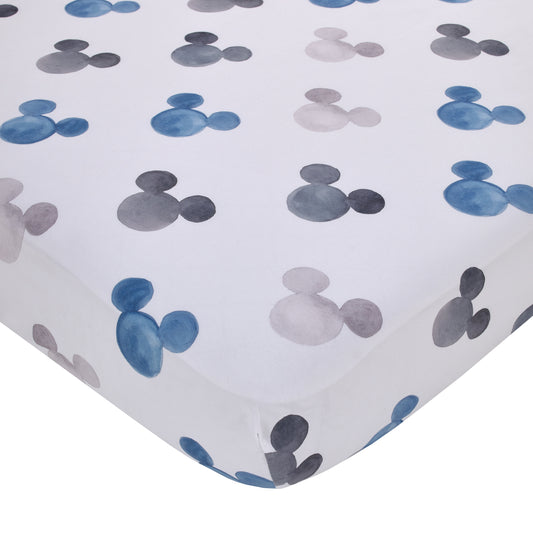 Disney Mickey Mouse - Black, White and Blue Watercolor Mickey Ears Nursery Fitted Crib Sheet