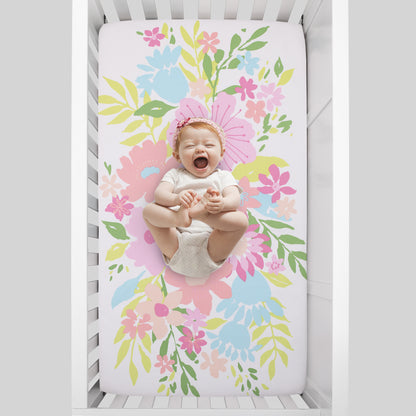 NoJo Floral Burst Pink, Blue, Green and White Flower 100% Cotton Photo Op Fitted Crib Sheet