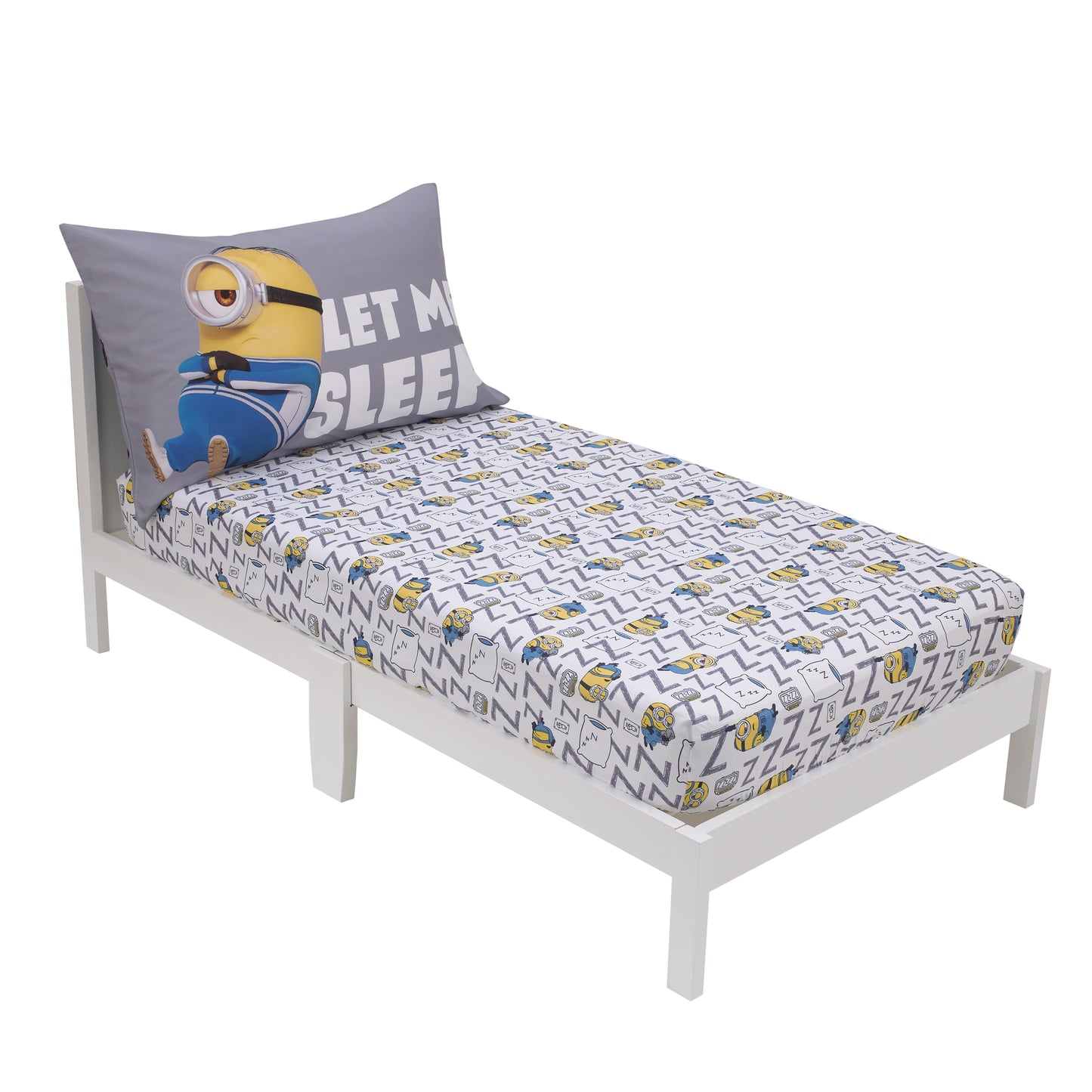 Illumination Lazy Minions Club Gray, Blue, Yellow, and White Let Me Sleep 2 Piece Toddler Sheet Set - Fitted Bottom Sheet, Reversible Pillowcase