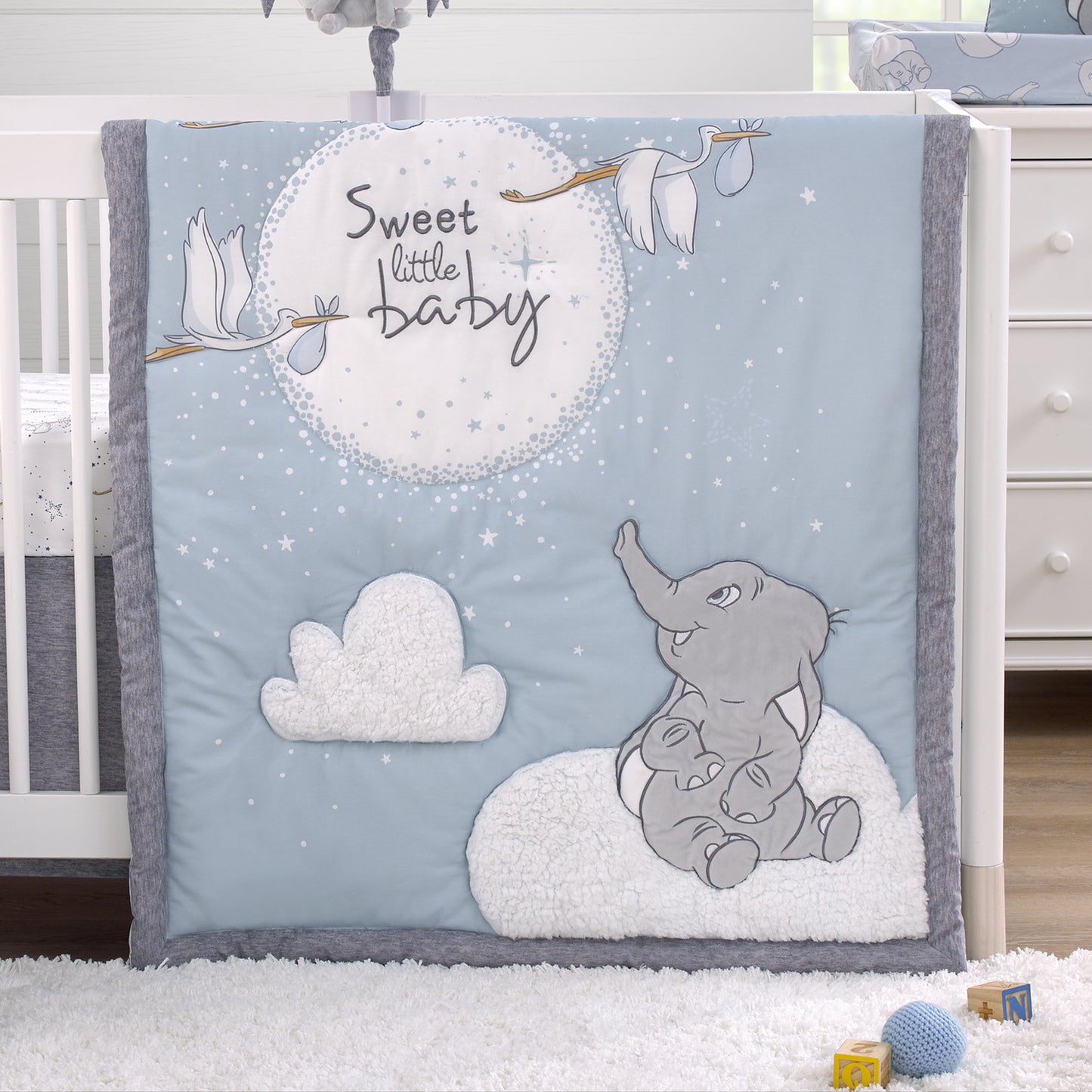 Disney Dumbo Sweet Little Baby Light Blue, Gray, and White Storks, Stars, Clouds and Moon 3 Piece Nursery Crib Bedding Set - Comforter, 100% Cotton Fitted Crib Sheet and Crib Skirt