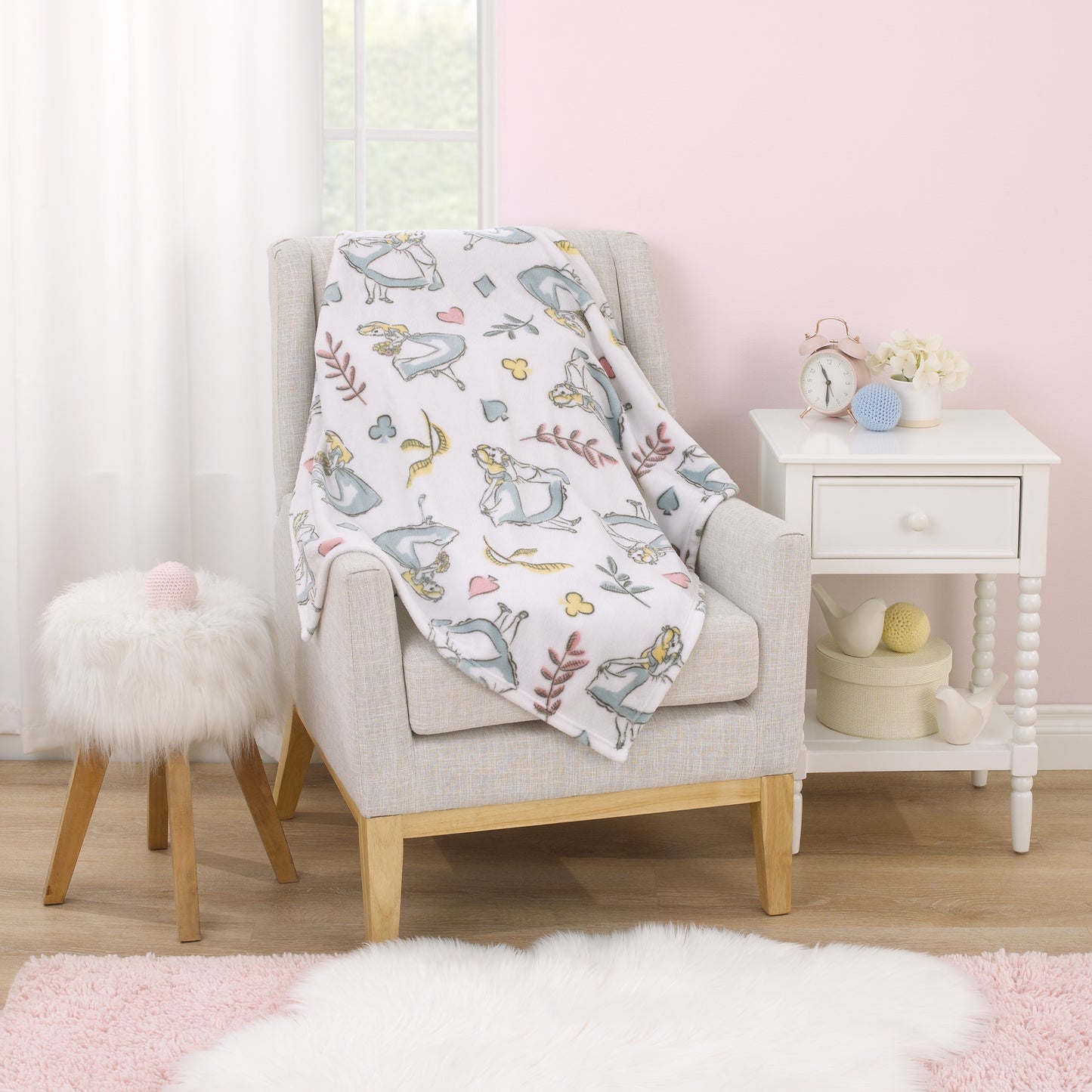 Disney Alice in Wonderland Light Blue, Pink, Yellow, and White Super Soft Plush Baby Blanket