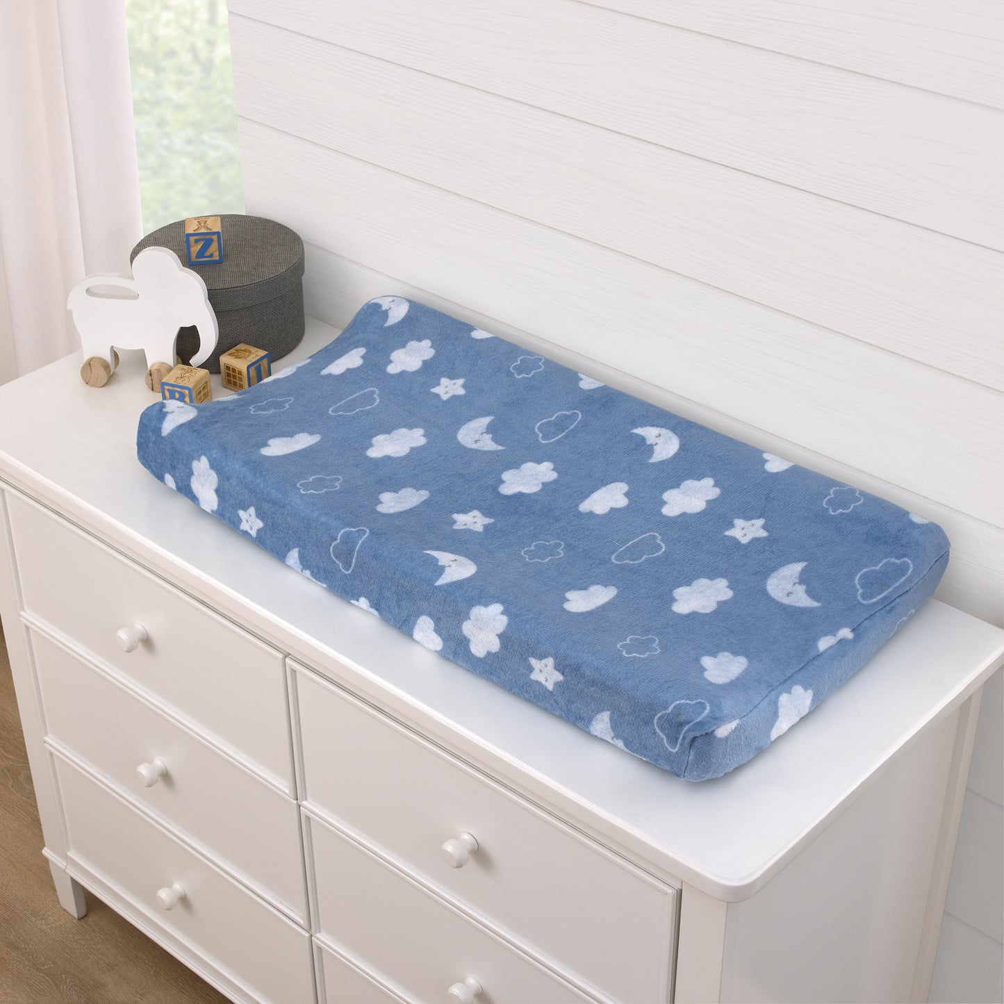 Carter's Blue Elephant - Chambray, and White Clouds, Moon and Stars Super Soft Contoured Changing Pad Cover