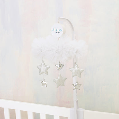 Little Love by NoJo White Tulle Cloud with Silver Metallic Stars Nursery Crib Musical Mobile